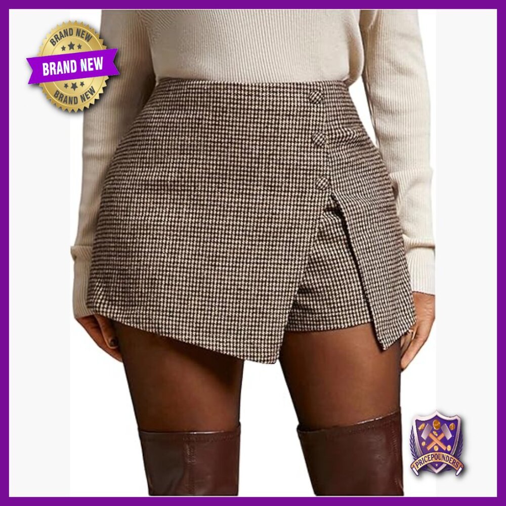High Waisted Wrap Skort with Side Slit, Houndstooth Print, Polyester Blend